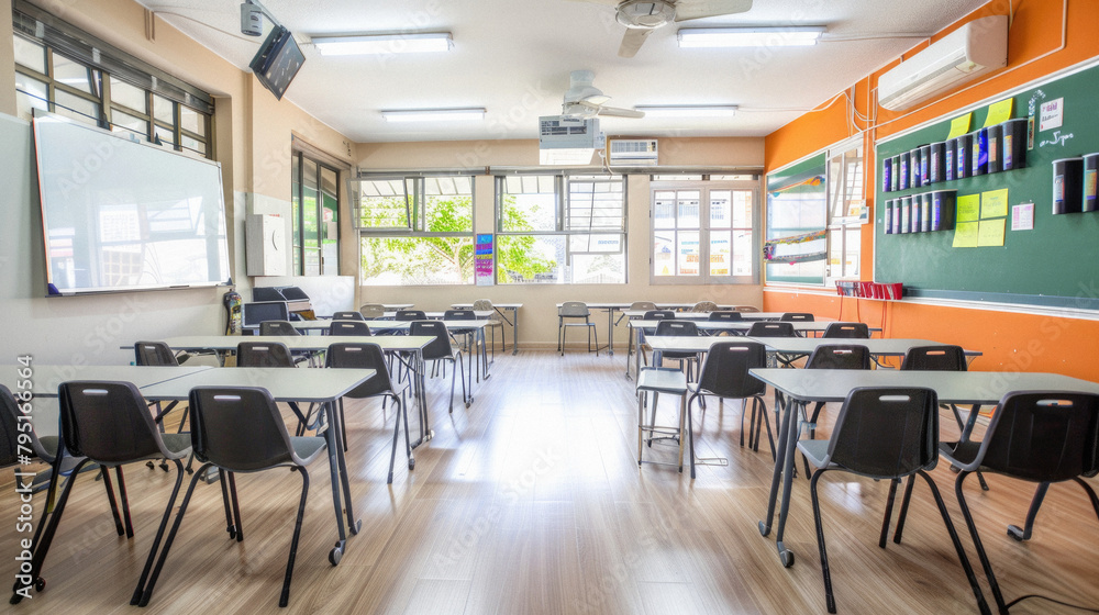 A classroom with a white board and a projector