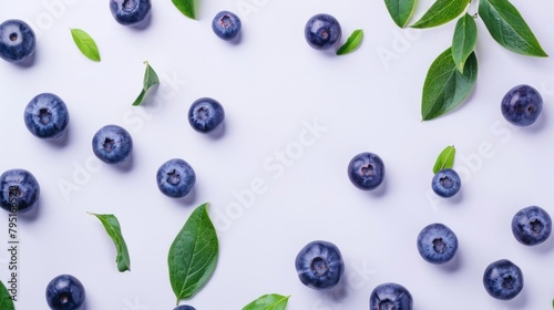Top view of blueberries with leaves on white background. generative AI image