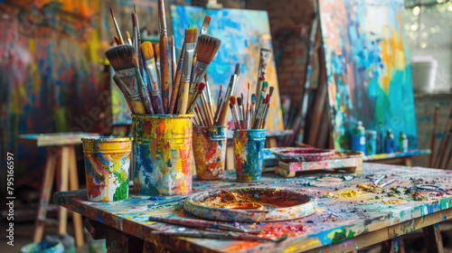 A table with many paint brushes and paint cans on it