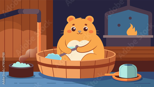 A content hamster relaxes in a tiny sauna warming his fur and releasing toxins under the watchful eye of a trained the..