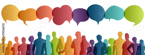 Communication across diverse cultures -  Multicultural dialogue represented by colored silhouette and speech bubbles of multiethnic individuals. Diversity equality inclusion. Front-view