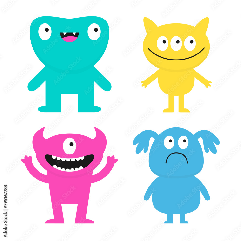 Happy Halloween. Four monster set. Cute cartoon kawaii funny boo character. Colorful silhouette monsters. Different face. Teeth, eyes, horns, hands. Childish style. White background Flat design Vector Happy Halloween. Four monster set. Cute cartoon kawaii funny boo character. Colorful silhouette monsters. Different face. Teeth, eyes, horns, hands. Childish style. White background Flat design Vector