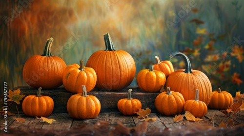 Many small pumpkins on wooden table