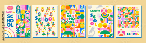 Set of 5 Back to School Templates. Modern, bright with a variety of school supplies and children who are in a hurry to learn. For announcements, advertisements, invitations, posters and much more