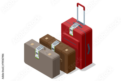 Isometric Luggage paper tags with barcode. Baggage information and identification tape mockup. Travel transportation bar code. Airport luggage barcode sticker.