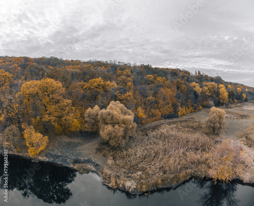 Aerial river valley with golden autumn forest and grey cloudy sky in Ukraine