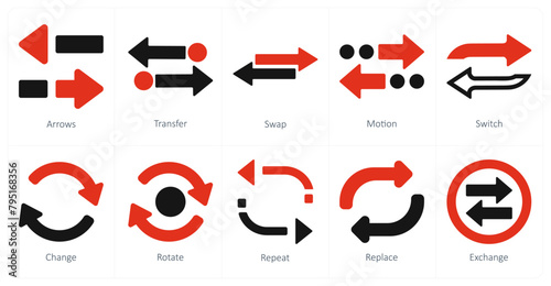 A set of 10 arrows icons as arrows, transfer, swap