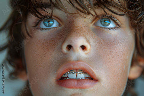 Close-up of a young boy with blue eyes looking upwards, wearing braces. Intense gaze portrait for health and dental care concepts © Ekaterina