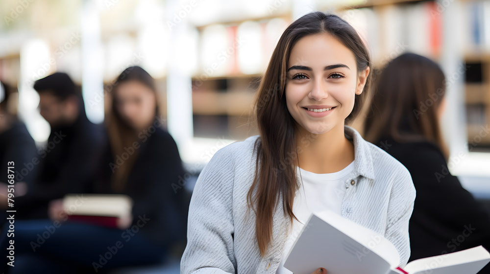 University Library: Beautiful Smart Caucasian Girl uses a Laptop, Writes Notes for Papers, Essays, Study for Class Assignment. Focused Students Learning, Studying for College Exams. Side View Portrait