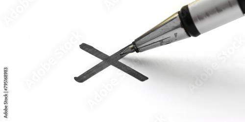 close up a pen writing on paper with cross marks icon isolated white background,cancel symbol 