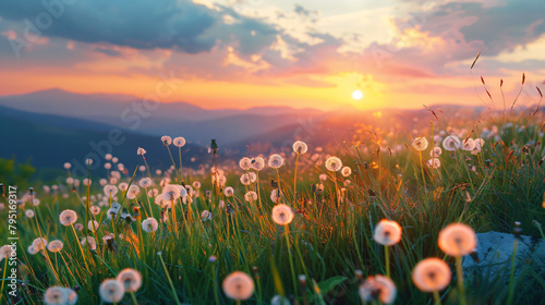 Wild grasses with dandelions in the mountains at sunset