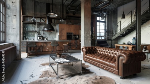 Sophisticated industrial living space featuring leather furniture and modern amenities