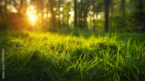 Wild green grass in a forest at sunset. Beautiful summer