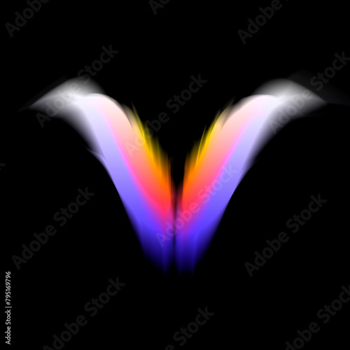 Fantasy illustration of an outer space scene. two feathered wings, conceptual illusion of 3D on black square background. orange, white and purple soft blur gradient color blends.