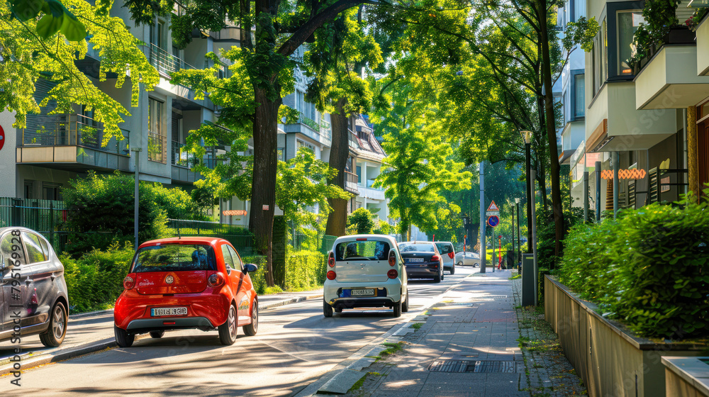 Save the green environment in big cities. Electro cars parked along the green street in a big town on sunny summer day. fresh air, urban improvement, ecology, alternative energy