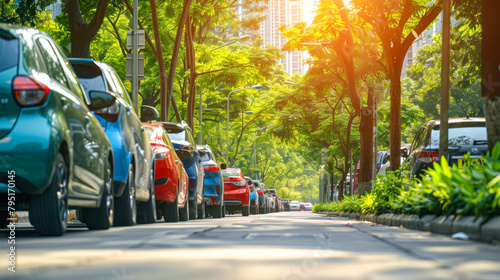 Fototapeta Naklejka Na Ścianę i Meble -  Save the green environment in big cities. Electro cars parked along the green street in a big town on sunny summer day. fresh air, urban improvement, ecology, alternative energy