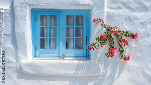 Window with blue shutters and flower. White architectu photo