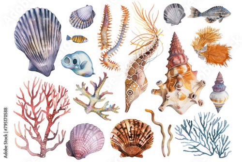 Watercolor Seashells clipart isolated on white background. sea clipart. Shell set, beach scenery. Watercolor starfish and other seashells in tropical illustration. Stickers set, summer print, design