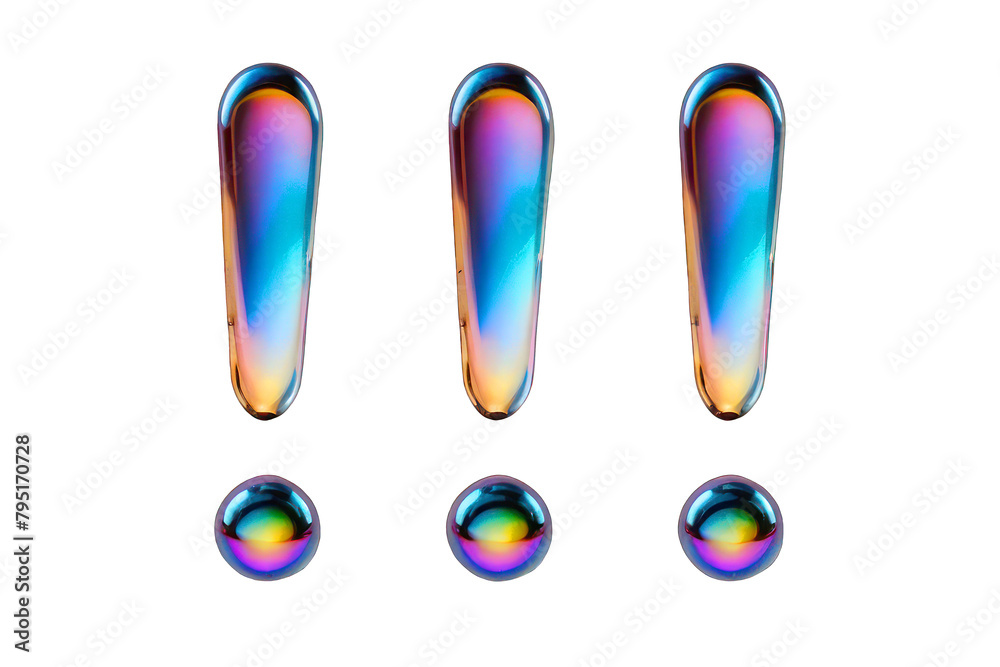 3D chrome holographic PNG element, molten metal. Three exclamation marks in Y2K style, pastel highlights. 3D chrome holographic PNG element, molten metal. Three exclamation marks in Y2K style, pastel highlights.