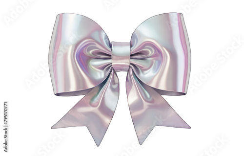 3D white bow on a transparent background. Holographic element in Y2K style. Liquid chrome, vintage girly accessory, icon, metal surface.