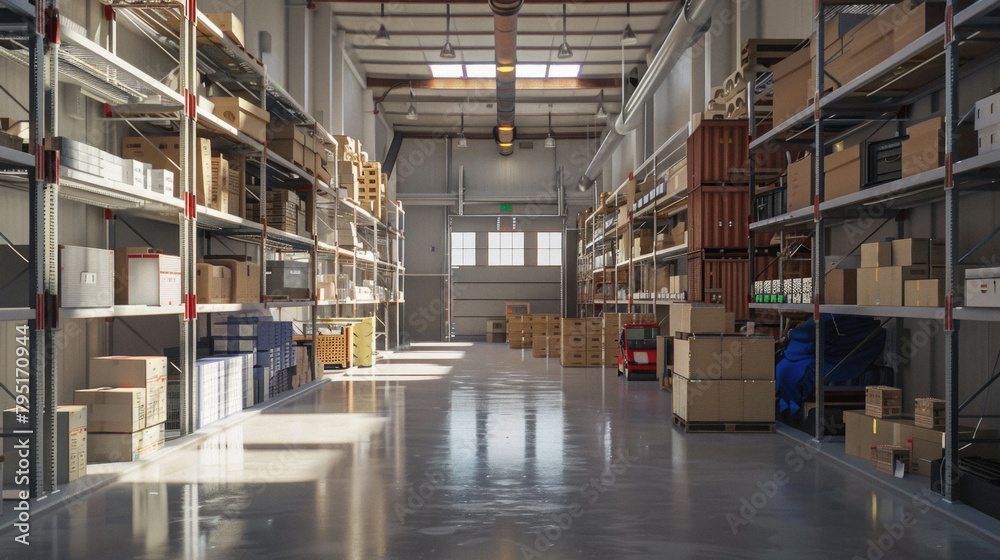 A large warehouse with many boxes and shelves A large warehouse with many boxes and shelves