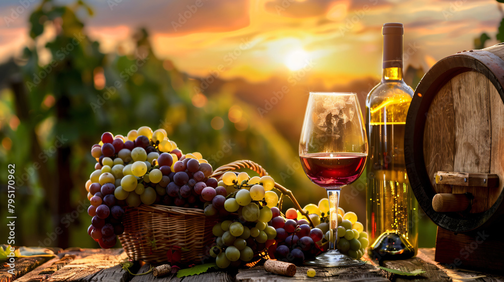 Wine and vineyard in sunset.Colorful grapes in basket.