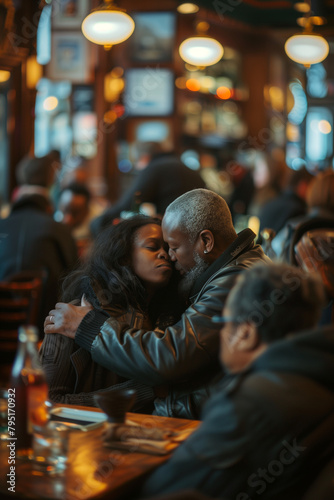 **man and woman embracing in a crowded cafe, in the style of romantic charm, sigma 85mm f/1.4 dg hsm art, 32k uhd, rollei prego 90, lifelike representation, romantic compositions photo