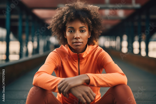 A young woman with voluminous hair sits relaxed in orange attire, urban environment photo