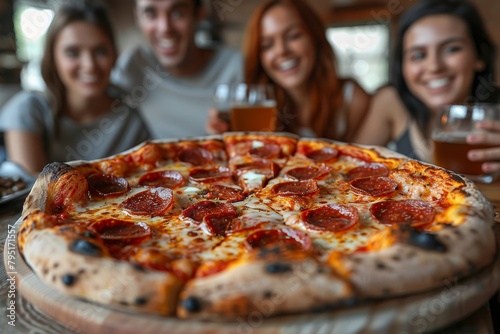 A group of friends toasting drinks with a large pepperoni pizza in front  depicting enjoyment and friendship
