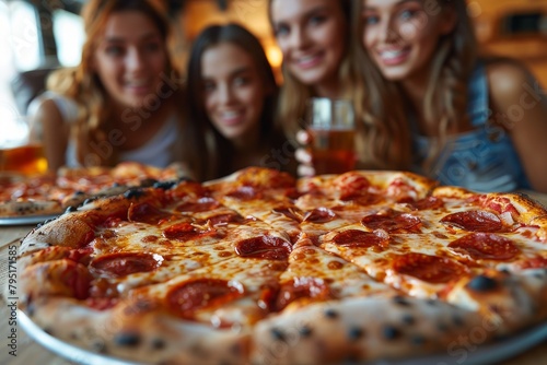 Group of young women sharing a large  delicious pepperoni pizza in a cozy setting  with a focused view on the pizza