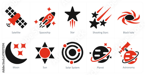 A set of 10 astronomy icons as satellite, spaceship, star
