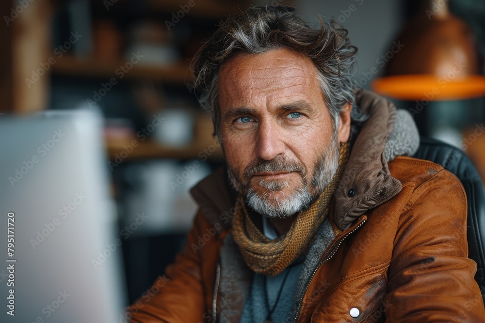 Mature, fashionable man with a thoughtful expression working on his laptop in a cafe environment Mature, fashionable man with a thoughtful expression working on his laptop in a cafe environment