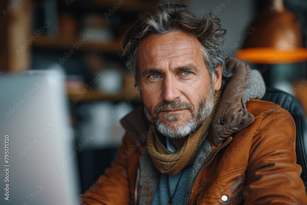 Mature, fashionable man with a thoughtful expression working on his laptop in a cafe environment