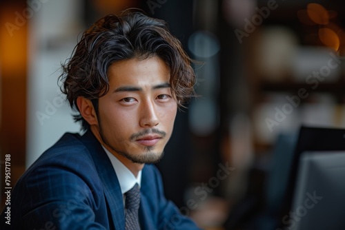 Young Asian businessman with a serious look working at his desk with a computer, portraying professionalism