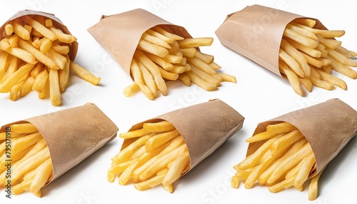 set of French Fries wrapped with paper, isolated on transparent background on white background