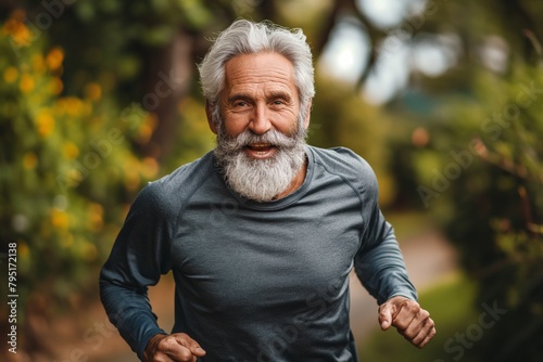  Energetic senior man with a full beard joyfully running in a park