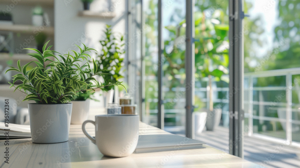 A white coffee cup sits on a table next to two potted plants