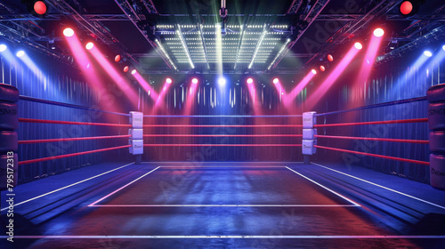 A boxing ring with red and blue lights © Art AI Gallery