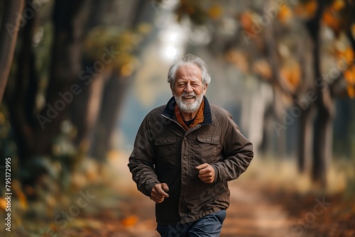 A beaming senior man enjoying a jog through an autumnal avenue