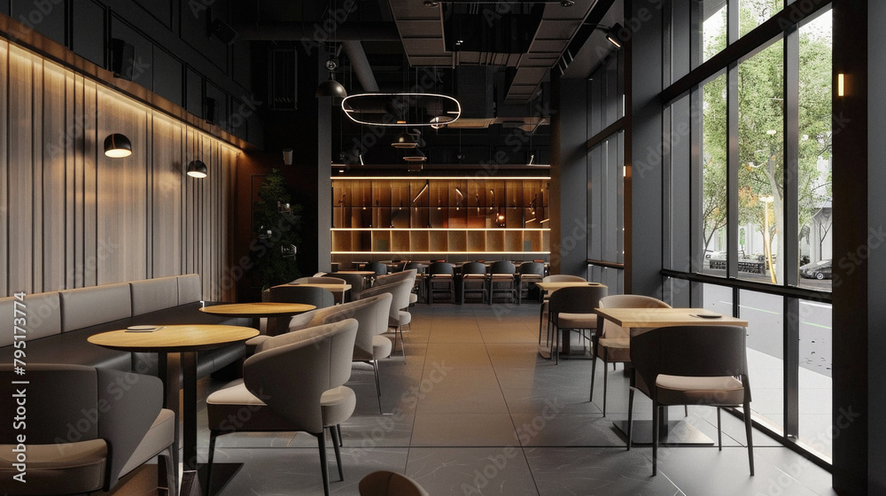 A restaurant with a modern design and a lot of chairs A restaurant with a modern design and a lot of chairs