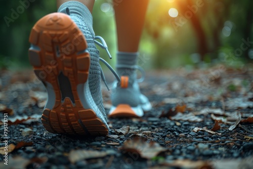 The image focuses on the running shoes of a person jogging on a forested trail, embodying health and fitness photo