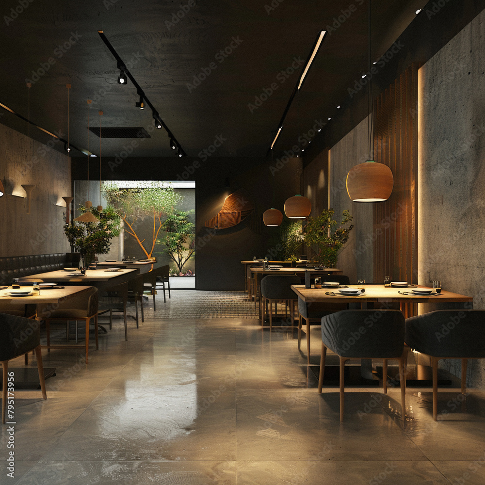 A restaurant with a modern design and a black theme