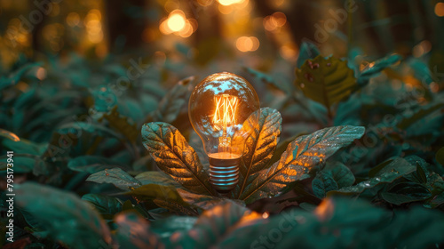 Light bulb against nature on green leaf with energy sources, Sustainable development and responsible environmental.