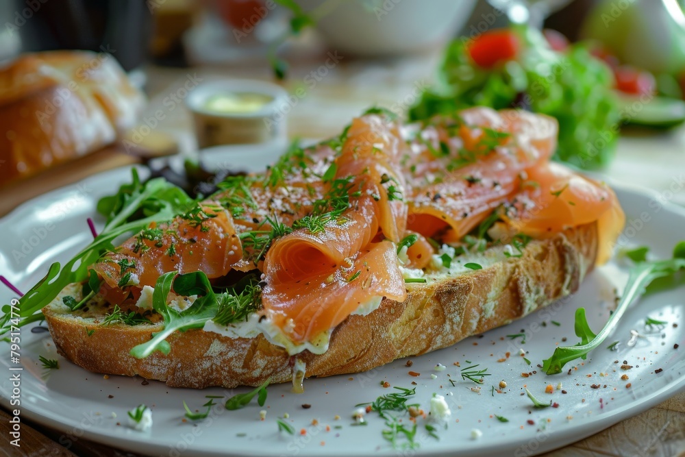 Fresh fish sandwich close-up, salmon or trout appetizer on tender buttered bread Fresh fish sandwich close-up, salmon or trout appetizer on tender buttered bread