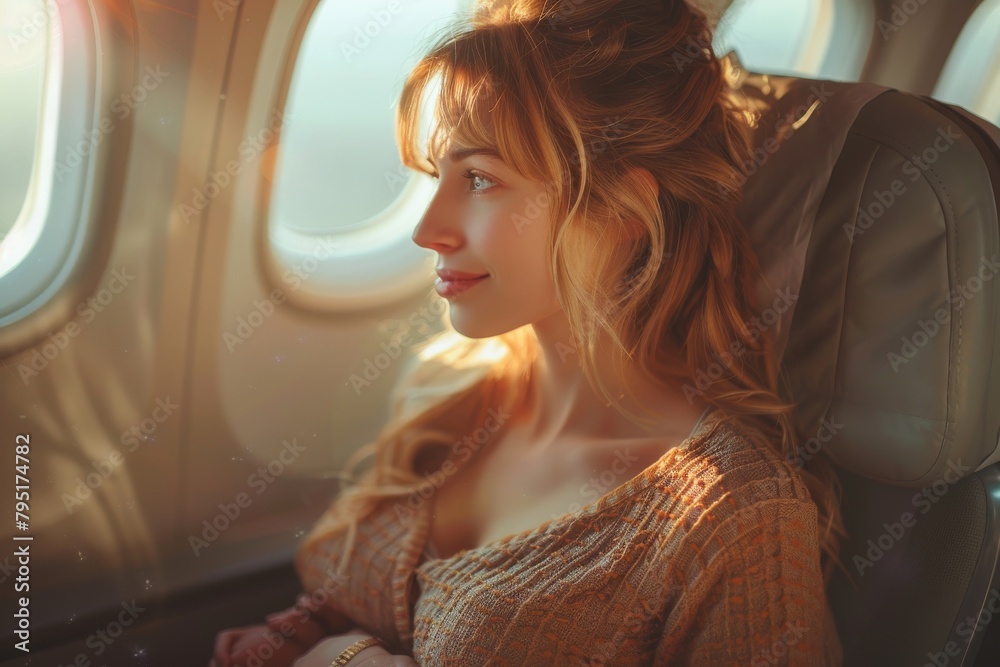A contemplative woman gazing out an airplane window bathed in golden light, invoking feelings of travel and reflection A contemplative woman gazing out an airplane window bathed in golden light, invoking feelings of travel and reflection