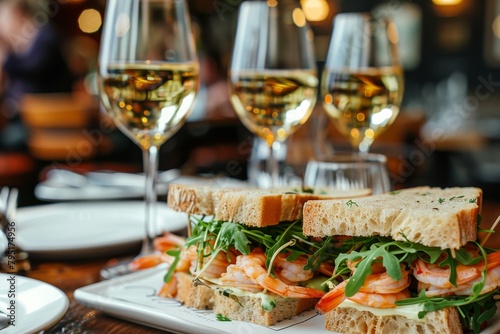 Delicious prawn sandwiches and glasses of chilled white wine arranged on a table