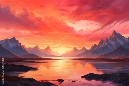 A fiery sunset paints the sky with hues of orange and pink  silhouetting distant mountains