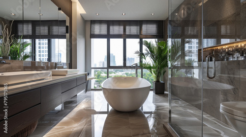 A large bathroom with a white bathtub and a large mirror