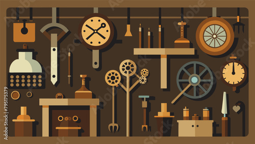 Rows of antique watchmaking tools line the walls of the workshop each one with a unique purpose and history..