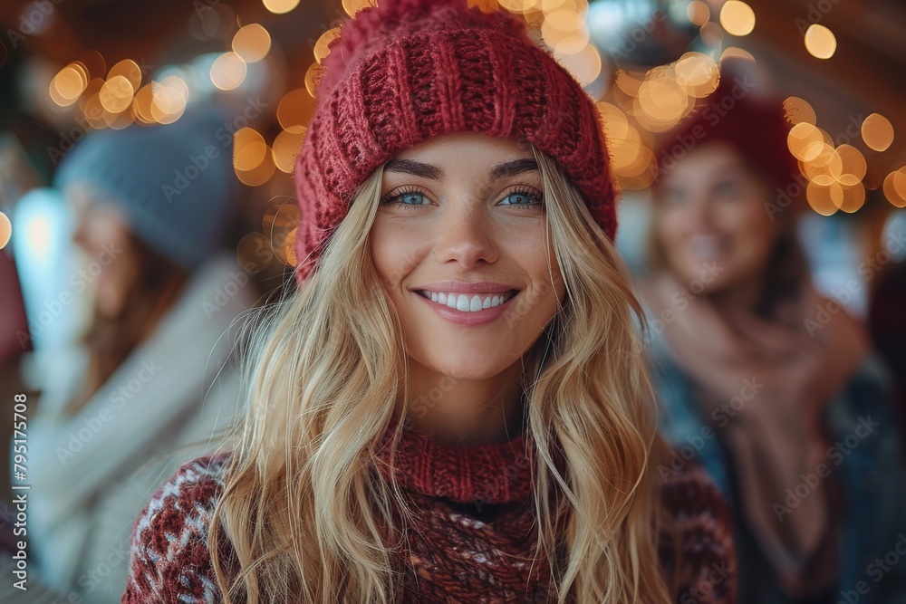 Radiant smiling woman in a red beanie with soft bokeh lights in the background, conveys warmth and happiness Radiant smiling woman in a red beanie with soft bokeh lights in the background, conveys warmth and happiness